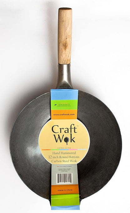 Craft Wok Traditional Hand Hammered Chinese Carbon Steel Wok with Wooden and Steel Helper Handle (12 Inch, Round Bottom Pow Wok Pan) / 731W88-12in