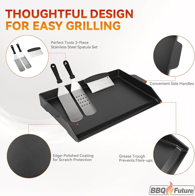BBQ Future Universal Cast Iron Griddle for Gas Grill with Spatula Set, 23" x 16" Pre-Seasoned Nonstick Griddle Insert Large BBQ Flat Top Plate for All Gas/Electric Grill, Stove Top and more