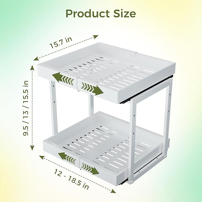 Abalter Expandable Pull Out Cabinet Organizer, 2-Tier Slide Out Drawer for Kitchen Cabinets, Adjustable Width 12–18.5", Slide Out Shelves for Kitchen, Bathroom, Pantry, Heavy Duty Caddy(White)