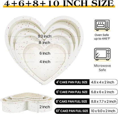 4 Pcs Heart Shaped Cake Pans Set, Nonstick Silicone Heart Molds in 4/6/8/10 Inch for Baking Layer Cakes, Cheesecakes, Brownies, Romantic Gift for Her on Love-Filled Occasions（Cream Confetti）