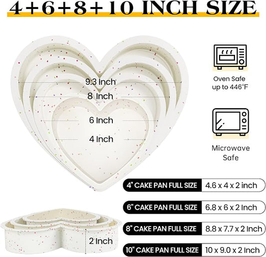 4 Pcs Heart Shaped Cake Pans Set, Nonstick Silicone Heart Molds in 4/6/8/10 Inch for Baking Layer Cakes, Cheesecakes, Brownies, Romantic Gift for Her on Love-Filled Occasions（Cream Confetti）