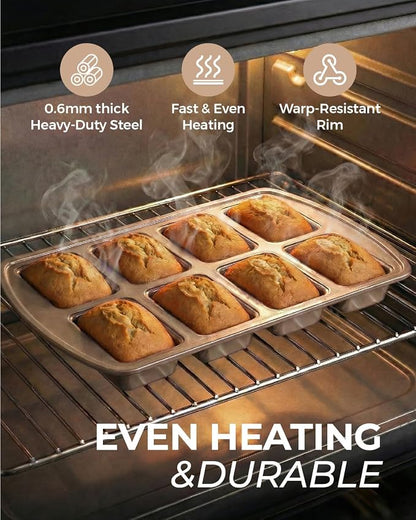 CARTMAN 2-Pack 8-Cavity Mini Loaf Pans Set with Spatula & Brush – 15.5” x 10” Nonstick Carbon Steel Small Bread Pan for Banana Bread, Meatloaf & Keto Snacks Champagne Gold