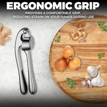 Premium Garlic Press Set - Stainless Steel Mincer Crusher Grater Tool with Silicone Peeler and Brush - Dishwasher Safe Metal Presser Grinder Smasher Masher Squeezer Shredder for Ginger, Butter, Herb
