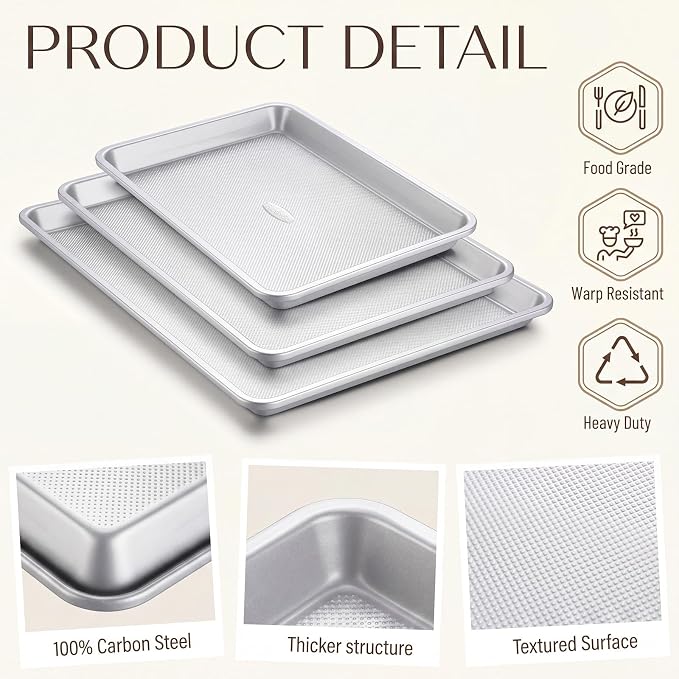 Roshtia 3 Packs Non Stick Baking Pan Set, Heavy-gauge Carbon Steel 13 Inch 15 Inch 18 in Commercial Home Baking Sheet Pans Cookie Sheets, Half/quarter Pans for Oven