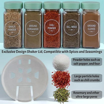 Spice Jars with Labels - 24 Glass Spice with Shaker Lids & Airtight Plastic Caps - 4oz Complete Seasoning Containers Organizer Set for Cabinet, Drawer & Rack (Light Green)
