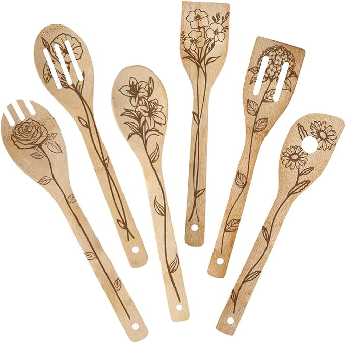6Pcs 6 Styles Bamboo Cooking Utensils Floral Wooden Spoons 2.4 x 11.8 Inch Durable Kitchen Wood Spoons Set for Men Women Friends Housewarming Birthday Gift Wedding Apartment Essentials