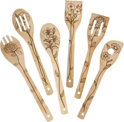 6Pcs 6 Styles Bamboo Cooking Utensils Floral Wooden Spoons 2.4 x 11.8 Inch Durable Kitchen Wood Spoons Set for Men Women Friends Housewarming Birthday Gift Wedding Apartment Essentials