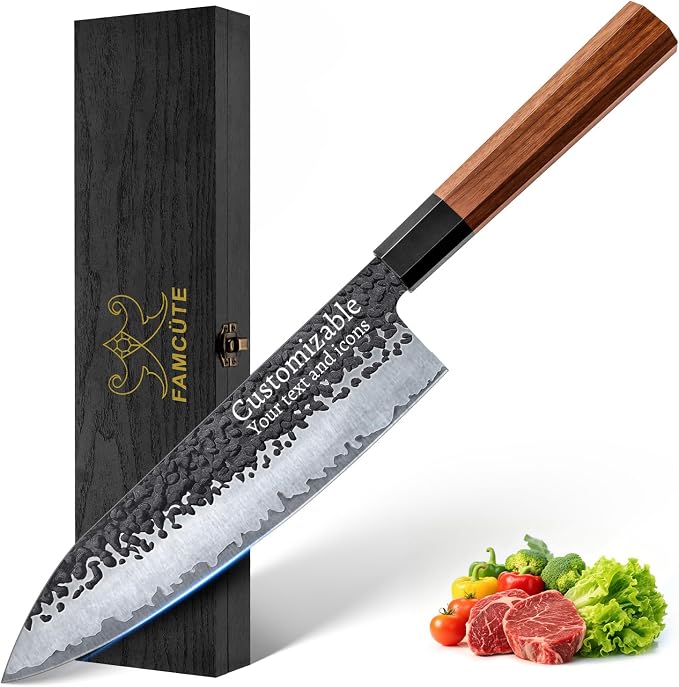 FAMCÜTE 8‘’ Engraved Custom Japanese Knife, Hand-Forged Chef Knife with 5-Layer 9CR18MOV Steel and Non-Slip Rosewood Handle Kitchen Knife, Christmas Gift for People Who Love to Cook in Sandalwood Box