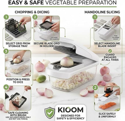 Vegetable Chopper 15 in 1 with Container – Mandoline Slicer, Onion Chopper Dicer, Food Chopper, Cheese Grater & Veggie Slicer for Kitchen Meal Prep | KIOOM