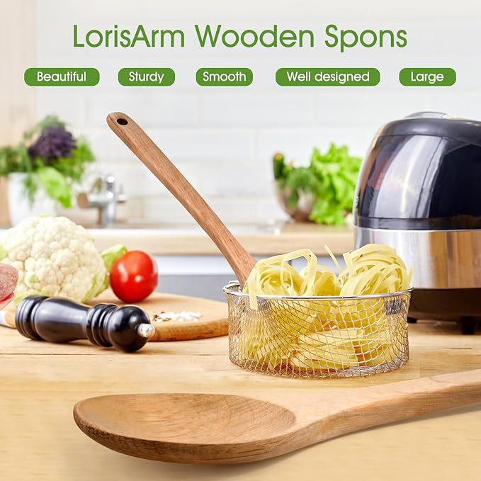 LorisArm Wooden Cooking Spoon 2PC, Large 12" Solid Wood Serving Spoons Set for Mixing Stirring, Maple Wood Nonstick Kitchen Utensils Tableware Ladle Scoop.