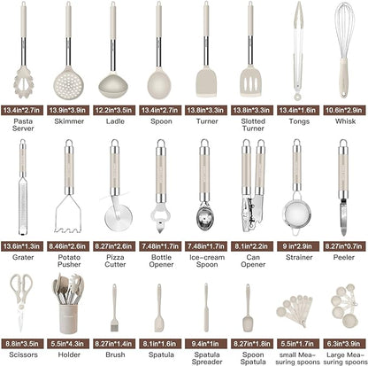 Kitchen Utensils Set-Silicone Cooking Utensils-33pcs Non-Stick Silicone Cooking Kitchen Utensils Spatula Set with Holder-Best Kitchen Cookware with Stainless Steel Handle (Khaki)