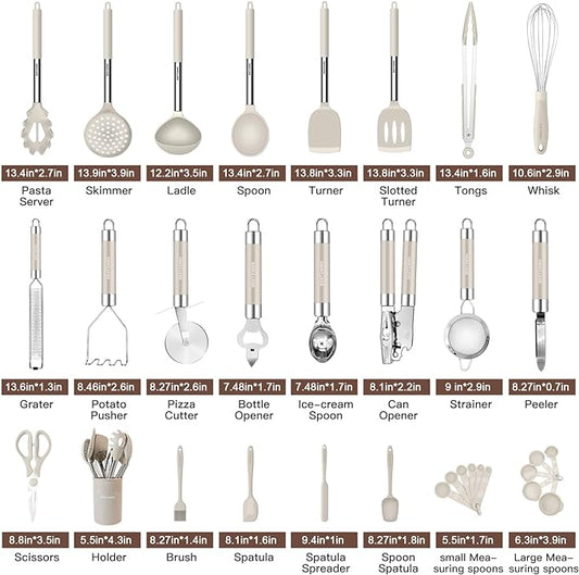 Kitchen Utensils Set-Silicone Cooking Utensils-33pcs Non-Stick Silicone Cooking Kitchen Utensils Spatula Set with Holder-Best Kitchen Cookware with Stainless Steel Handle (Khaki)