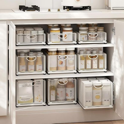 2 Pack Pull Out Cabinet Organizer, No Drill Adhesive Sliding Drawers for Kitchen, Metal Mesh Wire Storage Shelf for Pantry & Under Sink, White (9.6" W x 11.8" D x 8.4" H)