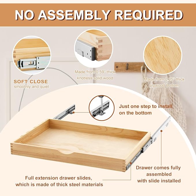 Menkxi 2 Set Wooden Pull out Cabinet Organizer Fully Assembled Slide out Pantry Drawer with Gentle Close Storage Shelf Tray for Base Kitchen Under Sink Bathroom Accessory(Wood Color,30'' X 21'' X 3")