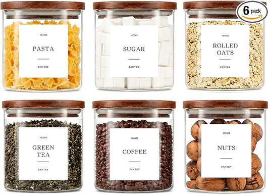 Set of 6 Glass Pantry Jars with Acacia Wood Lids, 21oz Airtight Pantry Storage Containers with 105 Labels, Glass Kitchen Canisters for Coffee, Tea, Sugar, Spice