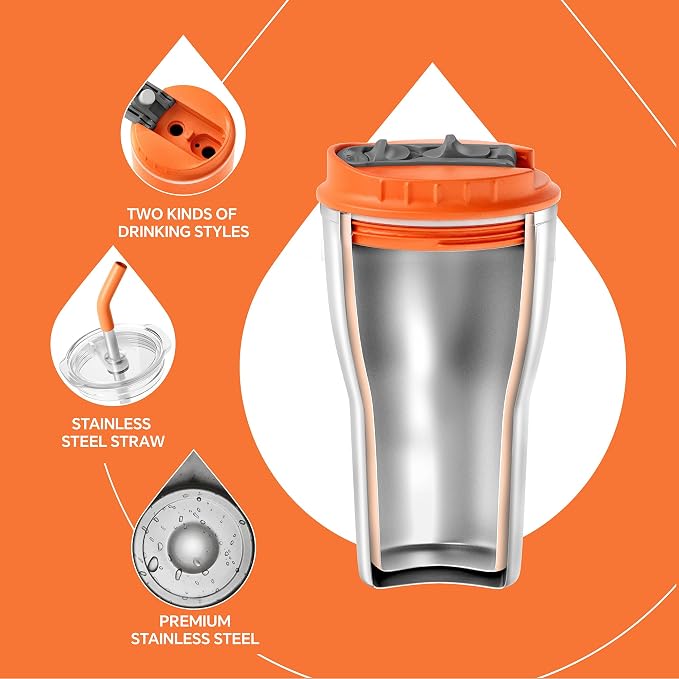 IDEUS Insulated Tumbler With Lid and Straw 14 oz, Stainless Steel Double-Wall Vacuum Leak-Proof Travel Coffee Mug, Cup Holder Friendly, Orange Tiger