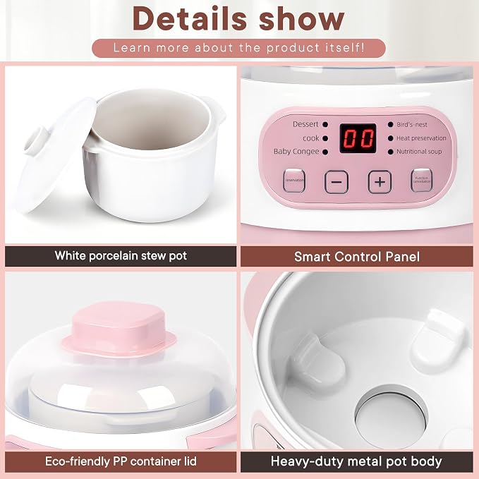 Pink 1L Ceramic Slow Cooker with Steamer Basket, 200W Mini Electric Stew Pot, 24-Hour Delayed Start & Auto Keep-Warm, Household Kitchen Safety Dry-Burn Protection Porridge & Soup Pot