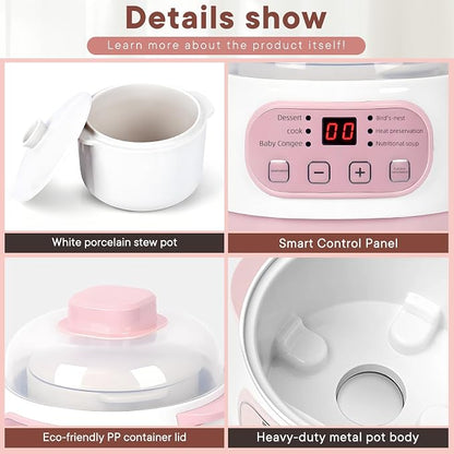 Pink 1L Ceramic Slow Cooker with Steamer Basket, 200W Mini Electric Stew Pot, 24-Hour Delayed Start & Auto Keep-Warm, Household Kitchen Safety Dry-Burn Protection Porridge & Soup Pot