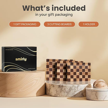 SMIRLY Wooden Cutting Boards for Kitchen - Rubberwood Cutting Boards for Meal Prep, Serving, Charcuterie - Kitchen Gadgets, House Warming Gifts - Wood Chopping Board Set of 3 with Holder