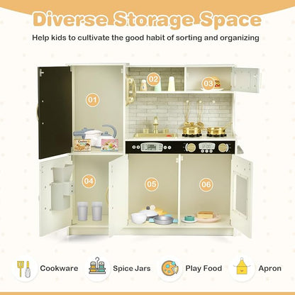 HONEY JOY Kids Kitchen Playset, Wooden Little Chef Pretend Toy Kitchen Set w/Chalkboard, Telephone, Utensils, Oven, Microwave, Sink, Storage, Play Kitchen for Toddlers Boys Girls, Cream