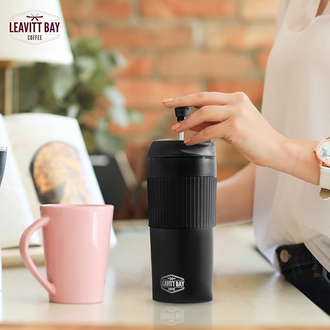Portable French Press Travel Mug – Insulated Stainless Steel French Press Mug for Hot or Cold Brew – Durable Travel Coffee Maker – On-the-Go Tea & Coffee Maker (Black)