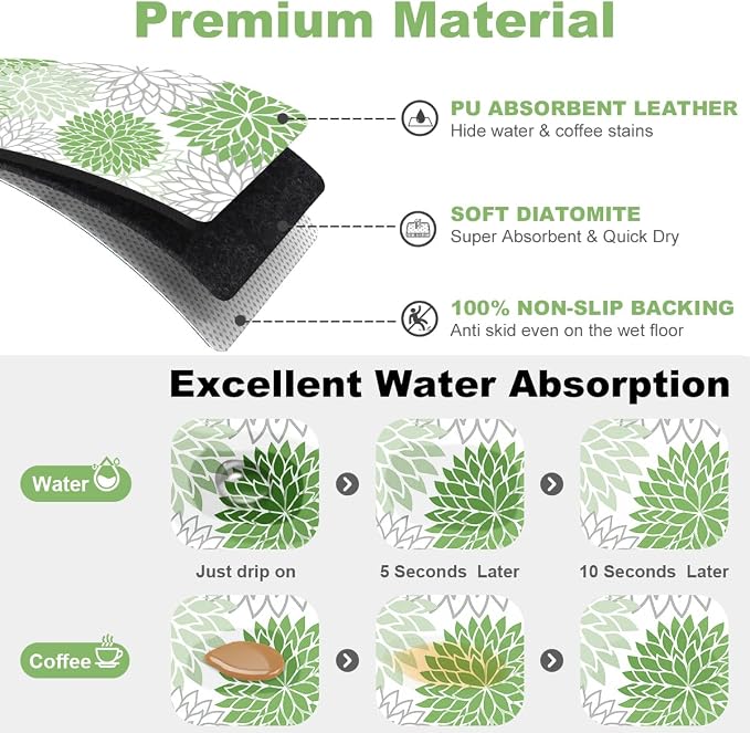 Findosom 2PCS 12" x 20" Dish Drying Mat & 24" x 5.5" Sink Splash Guard, Super Absorbent & Cuttable Dish Mat Drying Kitchen Mat with Green Floral, Hide Stain Drying Mat for Kitchen Counter