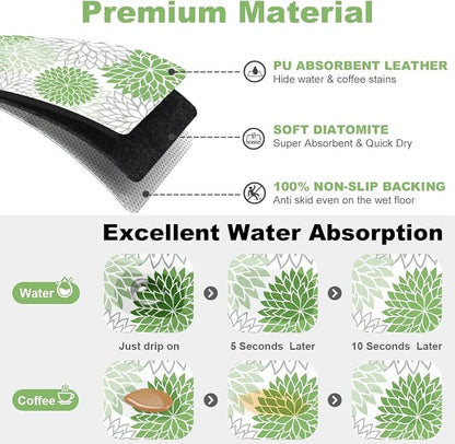 Findosom 2PCS 12" x 20" Dish Drying Mat & 24" x 5.5" Sink Splash Guard, Super Absorbent & Cuttable Dish Mat Drying Kitchen Mat with Green Floral, Hide Stain Drying Mat for Kitchen Counter