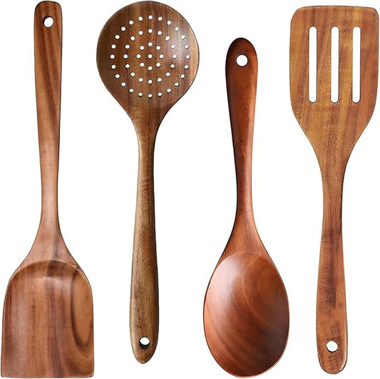 TTVOVO Wooden Spoons for Cooking, 10 Pcs Wooden Cooking Utensils Set – Wooden Utensil Set for Nonstick Pans & Cookware 4Pcs