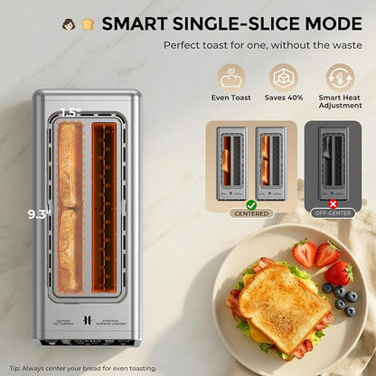Long Slot Toaster 4 Slice with Touchscreen, 1400W Stainless Steel 2-Slot Smart Appliance Extra Wide 1.5 Inch, Single Mode BreadID Tech Timer for Bagel Waffle