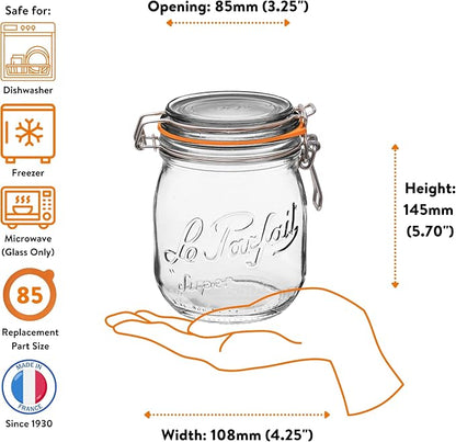Le Parfait Super Jar 750mL (24oz) French Glass Preserving Jar w/Airtight Rubber Seal & Wire Bail Closure - BPA-Free Canning Jar for Pickles, Fruit, Sauce & Food Storage - Made in France Since 1930 4PK