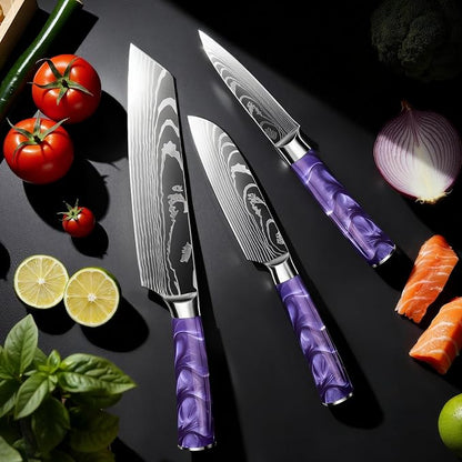 5-Piece Premium Japanese Kitchen Knife Set - Star Collection, Laser Damascus Pattern, 440A Stainless Steel Ultra Sharp for Fast Cutting (Purple 5A)