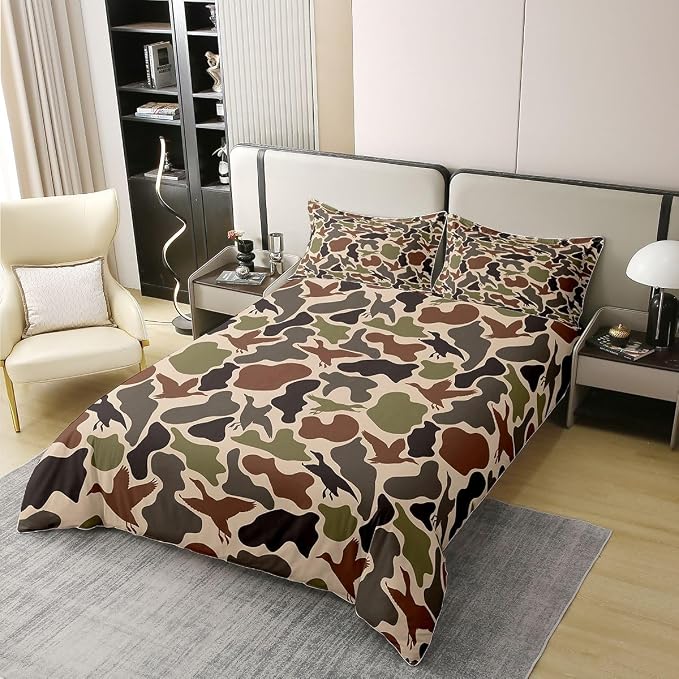 Duck Hunting Duvet Cover Set 100% Cotton Army Camo Full Size Bedding Set Green Brown Camouflage Military Comforter Cover for Kids Rustic Farmhouse Wild Animal Bedding with 2 Pillowcases(No Comforter)
