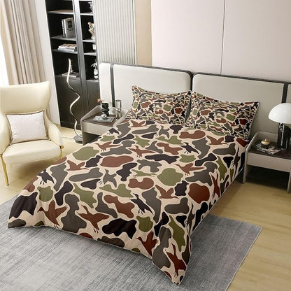 Duck Hunting Duvet Cover Set 100% Cotton Army Camo Twin Size Bedding Set Green Brown Camouflage Military Comforter Cover for Kids Rustic Farmhouse Wild Animal Bedding with 1 Pillowcase(No Comforter)