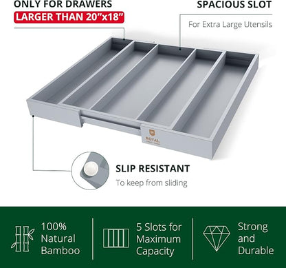 ROYAL CRAFT WOOD Luxury Bamboo Kitchen Drawer Organizer - Silverware Organizer - Utensil Holder and Cutlery Tray with Grooved Drawer Dividers for Flatware and Kitchen Utensils (5 Slot, Gray)
