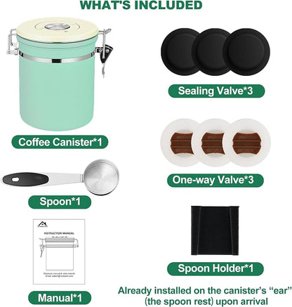 ShanSon Coffee Canister Airtight, Stainless Steel Bean Storage Container with Date Tracker & Scoop, Grounds Sugar Flour Tea Cereal Fits Kitchen Pantry, Ideal Gift for Coffee Lovers,12oz,Green