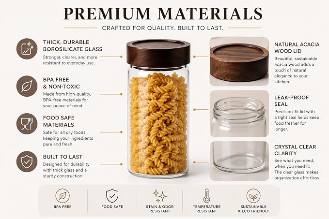 Wide Mouth Glass Storage Jars With 3" Acacia Wood Lids - 4 Pack of 9.1 Oz Airtight Food Storage Containers - Borosilicate Glass Canisters for Kitchen - Pantry Organizers and Storage for Rice Coffee