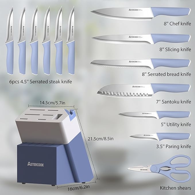 Astercook Kitchen Knife Set with Block and Sharpener 15 Piece German High Carbon Stainless Steel Knives Sharp Blade Dishwasher Safe Deba Knives with Ergonomic Handle, Delicate Blue