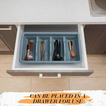 Maxdot 6 Pcs 20.5 x 11.9 x 3.7 Inch Silverware Organizer with Lid, Commercial 4-compartment Restaurant Kitchen Cutlery Tray, Plastic Silverware Storage Container, Condiments Holder (Grayish Blue)