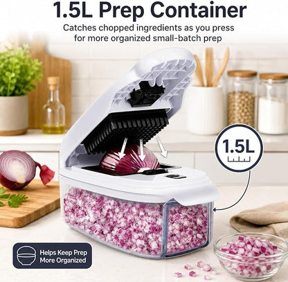 2-in-1 Vegetable Dicer, Onion Chopper with 6.7mm and 13.5mm Dicing Blades, 1.5L Food Prep Container for Salad, Potato, Tomato, Home Kitchen Meal Prep (White & Black)