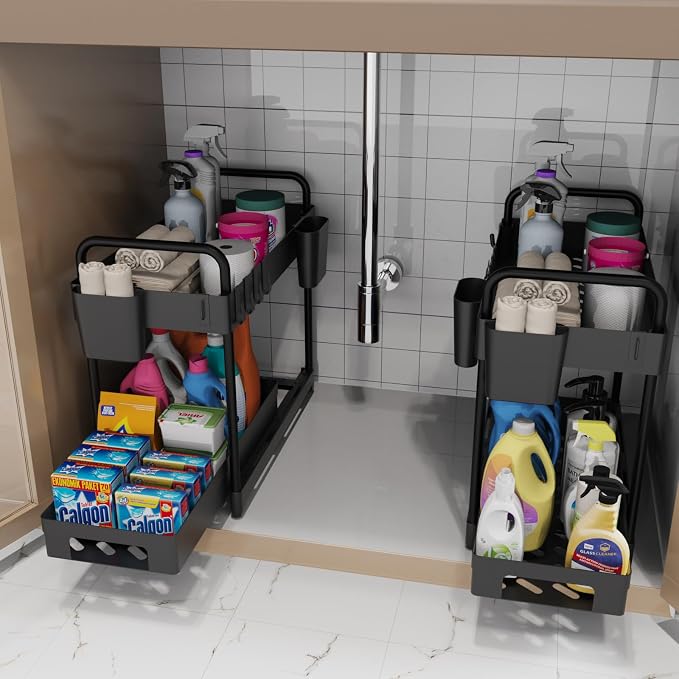 2 Pack Double-Layer Under Sink Organizer for Efficiently Utilizing Space, High Capacity and Space Saving, 2 Tier Sliding Under Sink Shelf with 4 Hooks and a Cup Slot(Black)