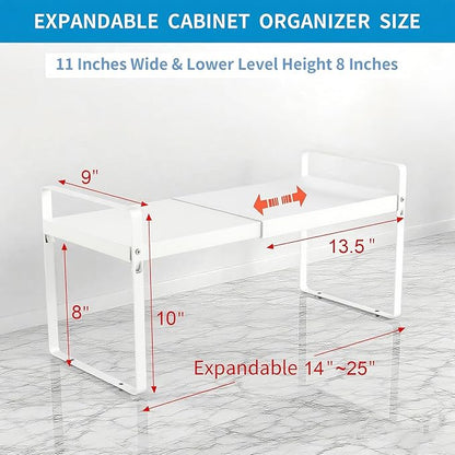 Expandable Cabinet Shelf Organizer 14-25 Inch Adjustable Length, 9" Wide 2-Tier (8" Bottom Layer) Metal Storage Rack for Kitchen Pantry, Under Sink Countertop - Heavy Duty White(2 Pack)
