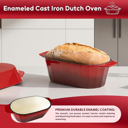 Enameled Cast Iron Sourdough Bread Oven – 3.3QT Dutch Oven for Baking with Lid, Non-Stick Oval Cast Iron Bread Oven for Sourdough-Loaf Cast Iron Bread Pan(Red)
