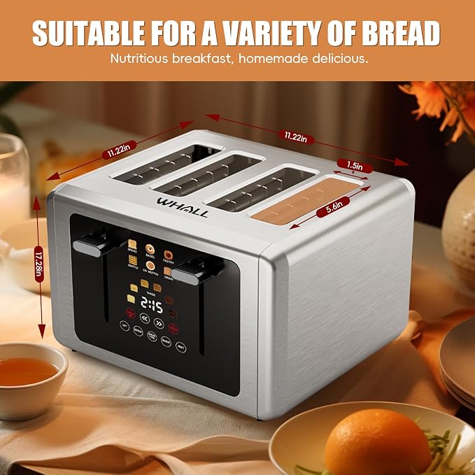 Whall 4-Slice Smart Toaster with Touchscreen & Extra-Wide Slots, Dual Independent Control, 6 Browning Levels & 6 Bread Types, Memory Function,Countdown Timer, Ideal Kitchen Gift