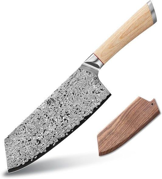 DONGSUN 7.5 Inch Damascus Taiwanese Cleaver with North American Black Walnut Sheath, 67-Layer VG10 Forged Steel Wide Blade Kitchen Knife, Professional Durable Sharpness