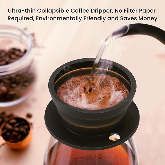 Travel Electric Kettle Small, Collpasible Electric Kettle, Portable Tea Kettle + Paperless Collapsible Pour Over Coffee Dripper, Travel Pour Over Coffee Maker Camping Single Cup (Black)