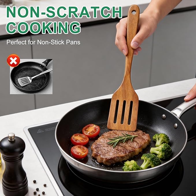 Acacia Wooden Cooking Utensils Kitchen Spatula Wood Slotted Spoons for Cooking Turner Non Toxic Serving Utensils Set Large Stirring Mixing Spoon Kitchen Tool Gadgets Wood Spatula for Cooking Spoons