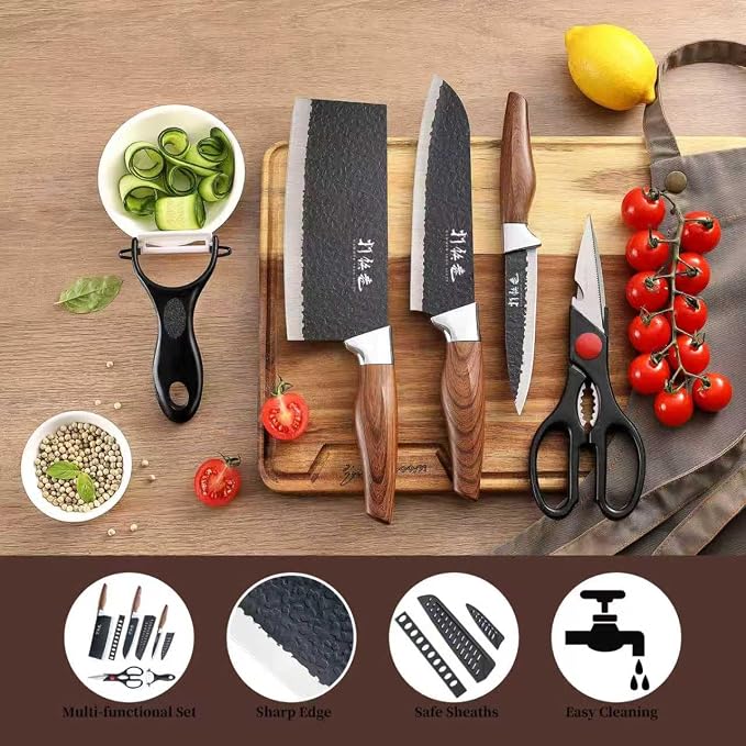 5 PCS kitchen Chef Knife Set, include 7 inch cleaver, 7 inch Santoku, 4.5 inch utility knife, Kitchen Scissors and Peeler