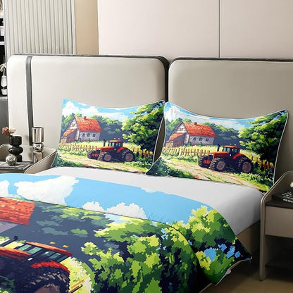 Castle Fairy Red Farm Tractors 100% Organic Cotton Duvet Cover Set Rustic Farmhouse Comforter Cover Set (Not Comforter) Pixelated Style Gaming Bedding Set Queen Size 3 Pcs