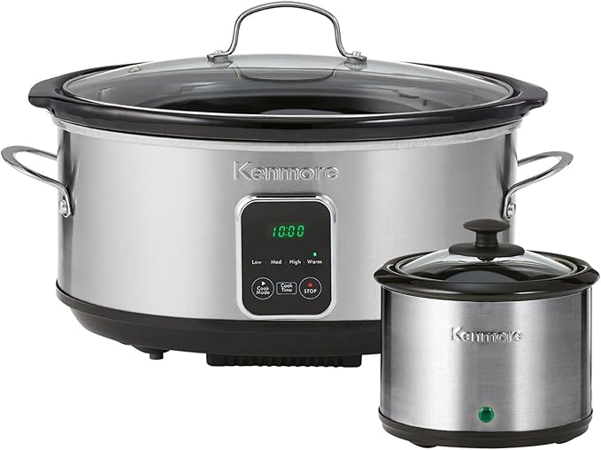 Kenmore Programmable 7 qt (6.6L) Slow Cooker with Dipper Sauce-Warmer, Black and Silver, Stainless Steel, Digital Display, One-Touch Controls, Braise, Simmer, Sous Vide, Stew, Soup, Chili, Curry