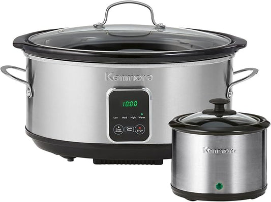 Kenmore Programmable 7 qt (6.6L) Slow Cooker with Dipper Sauce-Warmer, Black and Silver, Stainless Steel, Digital Display, One-Touch Controls, Braise, Simmer, Sous Vide, Stew, Soup, Chili, Curry